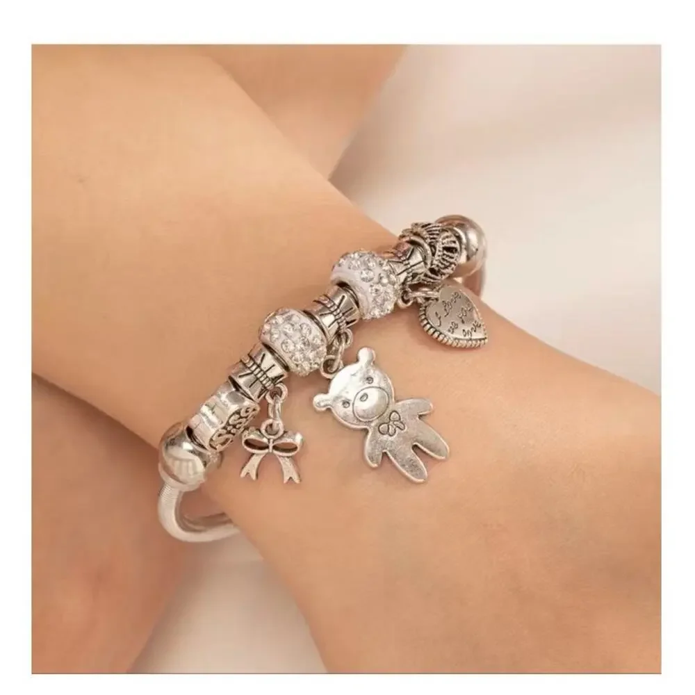 Beaded I Love You Bear Charm Zinc Alloy Open Cuff Bangle Bracelet